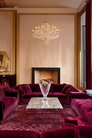 A sumptuous interior design concept: A lavish living room with plush velvet couches in rich jewel tones, illuminated by a dramatic chandelier casting warm golden light. The walls are adorned with ornate gold frames, and the floor is covered in soft, creamy carpets. A stunning crystal vase sits atop a gleaming marble coffee table, surrounded by opulent drapes and a majestic stone fireplace.