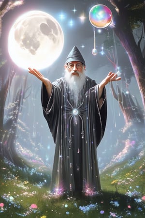 A whimsical scene unfolds: a mystical forest glows with an ethereal light, as if the moon's gentle beams have seeped into the earth. A bespectacled wizard, robes shimmering in harmony with the ambient glow, stands poised to cast WonderMagic, his hands weaving intricate patterns above a glowing crystal orb. The air is alive with anticipation.