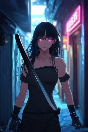 A young woman with flowing black hair and vibrant pink eyes stands confidently in a dimly lit alleyway, her slender figure illuminated by the faint glow of neon signs. Her right arm rests on the wall, while her left hand grasps a gleaming katana hilt. The air is thick with tension as she surveys her surroundings, ready to strike.