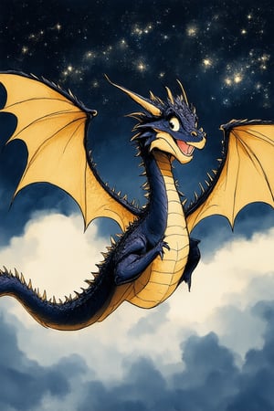 A whimsical fantasy scene unfolds as a majestic dragon, inspired by Don Bluth's iconic animation style, soars majestically across a starry night sky. The camera frames the dragon from below, highlighting its shimmering scales and outstretched wings as it glides effortlessly through the darkness. Soft, golden lighting casts an ethereal glow on the surrounding clouds, while a subtle gradient of blues and purples evokes a sense of depth and mystery.