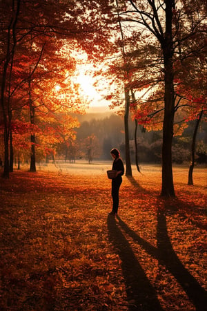 A warm golden light casts a cozy glow on a tranquil forest glade, where rustling leaves of burnt orange and fiery red create a vibrant tapestry. A lone figure, dressed in earthy tones, stands at the edge of the clearing, hands cradling a basket filled with ripe autumnal fruits, as the sun dips below the horizon casting long shadows across the forest floor.