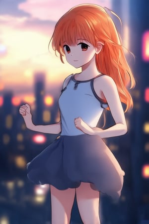 A youthful girl in an anime-inspired stance, legs slightly bent and feet shoulder-width apart, with one leg subtly leading the other as if ready to spring into action. Her arms are relaxed by her sides, with hands curled gently into fists. The background is a blurred cityscape at dusk, with neon lights reflecting off her vibrant orange hair.