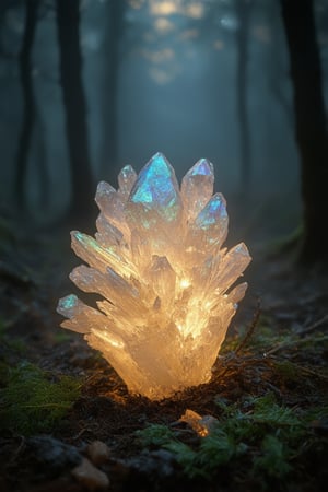 A close-up shot of a mystical, glowing crystal formation on a dark, misty forest floor. The crystals' iridescent sheen illuminates the surrounding foliage, casting an ethereal glow. Soft, diffused lighting emphasizes the crystals' facets, while the misty atmosphere adds to the otherworldly ambiance. A few stray leaves and twigs are scattered around the crystal cluster, as if nature has carefully arranged a sacred offering.