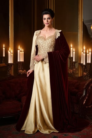 A regal figure stands majestically in a dimly lit, velvet-draped chamber. Soft candlelight dances across their luxurious attire, accentuating the opulence of golden embroidery and delicate lace trim. The subject's confident posture exudes royalty, as they gaze directly at the viewer, surrounded by lavish furnishings and ornate mirrors.