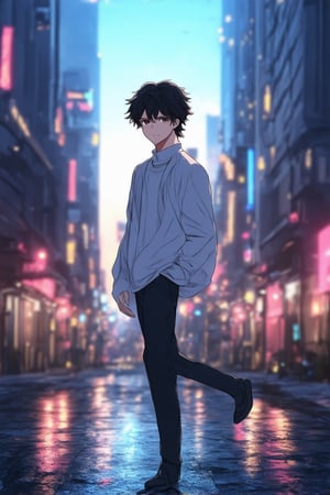 An anime-inspired scene with a young adult standing confidently in a bright, futuristic cityscape at dusk. Soft focus on the subject's face, with a subtle smile and determined gaze. The figure is posed with one leg slightly bent and arms relaxed by their sides, as if ready to take on any challenge. Neon lights from towering skyscrapers reflect off the wet pavement, casting a warm glow on the scene. Incorporate vibrant colors and dynamic lines throughout.