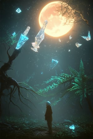 Capture a mystical scene featuring glowing crystals suspended in mid-air, surrounded by a warm, ethereal light. The crystals' soft luminescence illuminates a dark, misty forest floor, where wispy ferns and twisted tree roots create an eerie atmosphere. A lone figure stands at the edge of the clearing, backlit by a crescent moon, as if drawn to the radiant crystals.