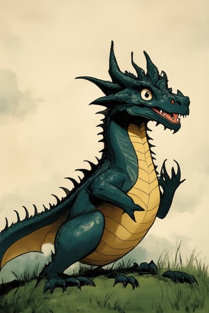 A nostalgic animated film style inspired by Don Bluth's classic works. A majestic dragon, reminiscent of Dragon's Lair, sits proudly on a lush green hillside, its scales glistening in warm sunlight. The camera frames the dragon from a low angle, emphasizing its grandeur. Soft focus and subtle texture add depth to the scenery. The dragon's pose exudes confidence, as if surveying its kingdom.