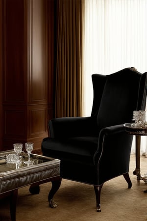 A lavish still life: A sleek black leather armchair sits majestically in a dimly lit, ornate study. The chair's supple surface glistens under soft pool table-like lighting. Amidst the rich wood paneling, a gleaming silver tray rests on a velvet-covered ottoman, adorned with delicate crystal glasses and a gleaming candelabra. Luxurious fabrics drape elegantly across nearby furniture, exuding opulence and refinement.