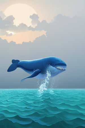 A serene aquatic scene: a majestic blue whale breaches the surface of a misty turquoise ocean, its ethereal body glowing with an iridescent sheen as it rises into the soft morning light. The surrounding sea sparkles like diamonds against the hazy horizon, with wispy clouds drifting lazily across the sky.