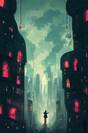 A surreal anime landscape unfolds, with intricately detailed buildings resembling stained glass windows, set against a dreamy cityscape at dusk. The air is filled with wispy tendrils of smoke and vibrant neon lights. A lone figure, adorned in ethereal clothing, stands atop a skyscraper, arms outstretched as if embracing the whimsical world below.