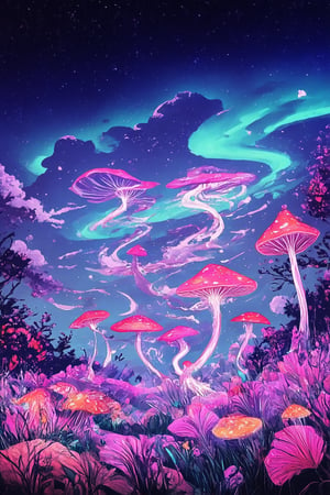 Immerse in a whimsical world where vibrant colors reign supreme. A mystical flat art landscape unfolds, with swirling patterns of purple and blue dancing across the canvas. Delicate brushstrokes render a fantasy realm, complete with towering mushrooms, glittering stars, and wispy clouds drifting lazily by. A mesmerizing aurora borealis illuminates the horizon, as mythical creatures frolic amidst the dreamlike scenery.