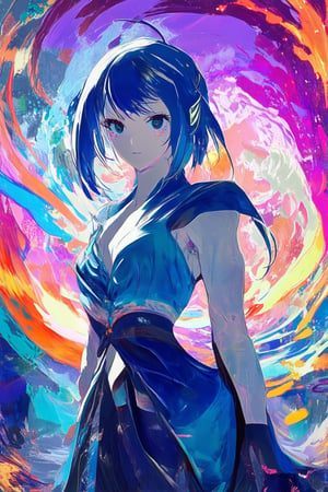 A vibrant anime-inspired artwork featuring a mystical fusion of digital and traditional media. A stunning female character stands majestically in the center, adorned with intricate details and colors reminiscent of Japanese watercolor art. The background is a swirling vortex of neon hues, echoing the dynamic energy of MixStyle's unique blend. Soft, gradient lighting enhances the overall visual mystique.