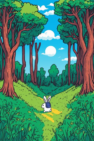 A whimsical illustration depicting a fantastical landscape, rendered in flat 2D style with vibrant colors and bold lines. The scene takes place on a sunny day, with a bright blue sky and fluffy white clouds. In the foreground, a curious rabbit wearing a tiny backpack explores a dense forest of tall trees and twisted vines. The framing is centered, with the rabbit positioned at the intersection of negative space.