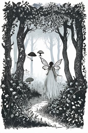 A whimsical ink illustration depicts a fantastical forest scene: towering trees with gnarled branches stretch towards the misty horizon, surrounded by a tapestry of vines and foliage. A delicate fairy perches on a mushroom, her wings a blur as she sips from a dainty tea cup.