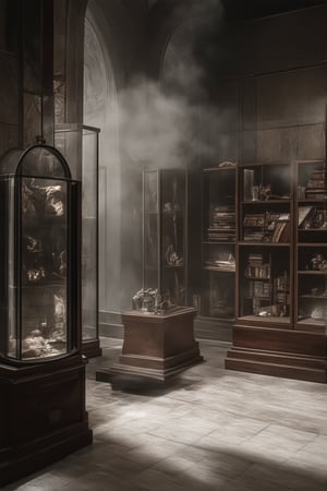 A dimly lit, ornate museum hall with intricate stone carvings on walls and floors. Ancient artifacts and relics from mystical traditions displayed in glass cases, casting a warm glow. A wispy fog drifts through the air, adding to the mysterious atmosphere. Shelves lined with dusty leather-bound tomes and peculiar trinkets. The scent of old parchment and incense wafts through the space.