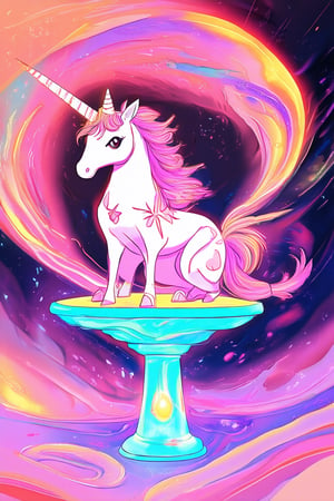 A whimsical illustration of enchanted flat art, featuring a majestic unicorn sitting atop a glowing, iridescent pedestal amidst a swirling vortex of mystical colors. The unicorn's ethereal coat shines with an otherworldly light, while the surrounding artwork appears to shift and undulate like a living, breathing entity.