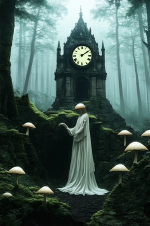 In a dimly lit, mist-shrouded forest, a giant clock face looms large on a moss-covered stone pedestal, its gears whirring softly as a wispy figure in a flowing white gown reaches out to touch the ticking mechanism. The air is thick with fog, and eerie luminescent mushrooms sprout from the ground like ghostly sentinels.