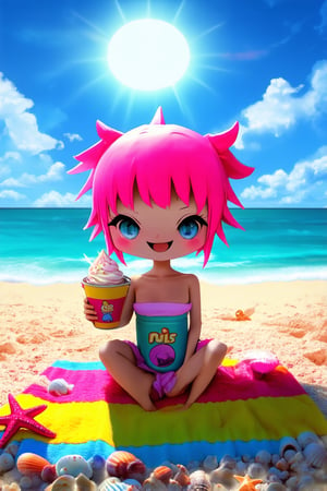 A chibi character sitting on a colorful beach towel, surrounded by seashells and starfish, with a big smile on their face and a bucket of ice cream in hand. The sun is shining down, casting a warm glow over the entire scene. The subject's bright pink hair stands out against the soft blue sky, with a few wispy clouds drifting lazily across it.