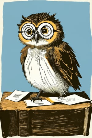 A whimsical ink illustration of a curious, bespectacled owl perched on a vintage bookshelf, surrounded by dusty tomes and scattered papers. Soft, golden light spills from the left, casting a warm glow on the owl's wispy feathers. The background is a soft, gradient blue, with subtle texture suggesting aged wood.