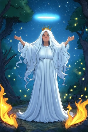 A mystical mama stands amidst a whimsical forest, surrounded by twinkling fireflies and wispy mist. Her long silver hair flows like moonlight, framing her ethereal face as she gazes upward, arms outstretched to the celestial heavens. A halo of soft light radiates from her crown, casting an otherworldly glow on the ancient trees behind her.