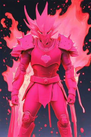 A bold and vibrant image: a fiery pink hue dominates the frame, splashing across the entire canvas like a rosy blaze. A fierce warrior stands proudly in the center, their armor and clothing ablaze with hot pink intensity, as if the very essence of passion has been distilled into their being.