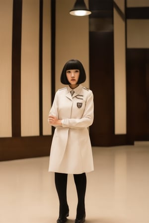 A young woman, Flat, stands proudly with a solemn expression, her dark hair styled in a sleek bob, wearing a crisp white uniform adorned with a silver pin bearing the emblem of 'Honor Chara'. Softly lit by warm overhead bulbs, she is framed against a minimalist backdrop of creamy walls and dark wood accents. Her pose exudes confidence and determination.