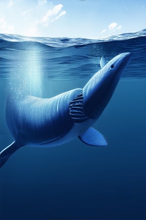 A serene underwater scene: a majestic blue whale breaches the ethereal surface of the ocean, its massive body illuminated by the soft glow of bioluminescent plankton. The camera captures the moment from a low angle, emphasizing the whale's grandeur as it rises towards the heavens, with a subtle water ripple and faint sunlight filtering in from above.