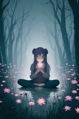 A surreal anime scene: A delicate, porcelain-skinned girl with vibrant purple hair and piercing green eyes sits cross-legged on a misty lake shore, surrounded by lotus flowers and wispy fog. Her hands cradle a glowing, iridescent orb, as the atmosphere glows with an otherworldly blue light. The composition is centered around her ethereal form, with subtle gradient shading and dreamlike texture.