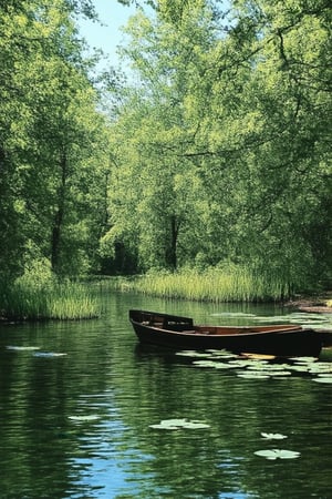 A serene landscape shot of Mandana Koka, a tranquil lake in rural Georgia, USA. Soft morning light casts a warm glow on the water's edge, where lily pads and reeds sway gently in the breeze. A small wooden boat is docked, its reflection rippling across the calm surface. The surrounding trees are adorned with lush greenery, creating a picturesque scene of natural beauty.