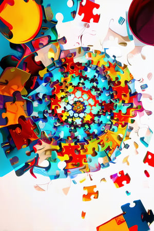 A surreal still life composition featuring a kaleidoscope of vibrant colors and abstract shapes, set against a bright white background. A swirling vortex of swirling patterns and geometric forms dominates the center, surrounded by scattered puzzle pieces and fragments of mirrors. The overall effect is one of chaotic harmony, with each element blending seamlessly into the next.