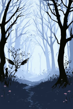 A whimsical ink illustration of a mystical forest at dusk, where ancient trees with gnarled branches stretch towards the misty sky. A lone faerie perches on a twisted root, her delicate wings unfolding like a dark flower. The air is thick with secrets and the soft glow of luminescent mushrooms illuminates the path, leading the viewer's eye through the winding underbrush.