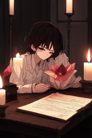 A serene Flat Honor Chara, with delicate petals unfolding like a miniature origami, sits atop a worn wooden desk in a dimly lit study. Soft candlelight casts an warm glow on the character's gentle features, as they gaze introspectively at a yellowed parchment, their expression a thoughtful mix of contemplation and determination.