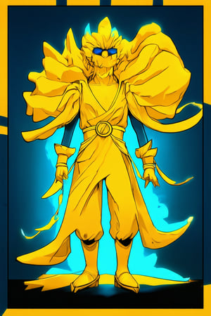 A vibrant yellow Solak figure stands prominently against a dark blue background, the bold color popping out in a striking composition. The figure's bright attire and accessories are framed by a subtle golden light, casting a warm glow over the entire scene.