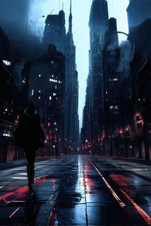 A dystopian metropolis at dusk, neon-lit skyscrapers piercing the darkening sky like shards of glass, reflected in a rain-soaked street. A lone figure, hood up, boots scuffed, and eyes gleaming with cybernetic intensity, walks away from the camera, leaving a trail of misty smoke and city noise behind.