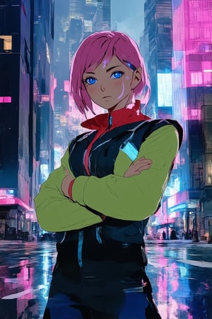 Vibrant digital artwork featuring a striking anime-inspired design in a futuristic setting. A young protagonist with vibrant pink hair and piercing blue eyes stands confidently, arms crossed, amidst a cityscape of neon-lit skyscrapers. Glowing city lights reflect off the wet pavement as a sleek sports car whizzes by, casting a warm glow on the scene. The subject's MixStyle-inspired attire shines with iridescent colors, blending seamlessly with the urban landscape.