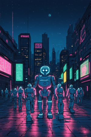 A whimsical 2D illustration of a futuristic cityscape at dusk, with sleek skyscrapers and neon-lit billboards reflecting off the wet pavement. In the foreground, a group of robots gathered around a holographic display, their LED eyes glowing in unison as they analyze data. The vibrant city lights and dark night sky create a striking contrast, while the robots' metallic bodies add a touch of industrial chic to the scene.