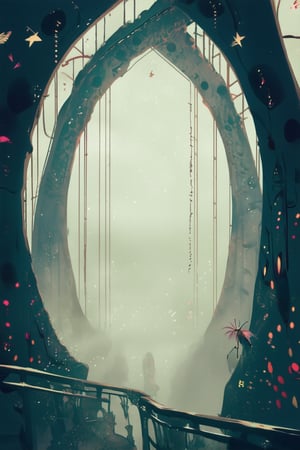 A whimsical anime scene unfolds: a delicate, filigree-patterned bridge spans a swirling vortex of iridescent mist, with a petite, winged creature perched on the railing, her expression a mix of wonder and trepidation. Soft, ethereal lighting casts an otherworldly glow, while the background dissolves into a kaleidoscope of colors.