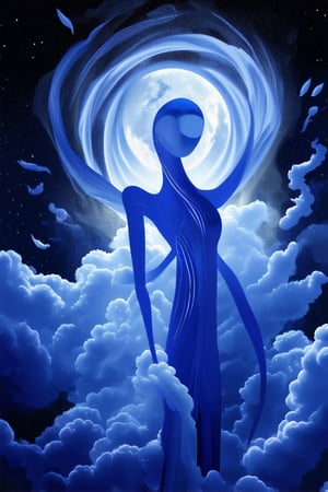 Ethereal Deep Blue - A dreamlike scene of a slender, translucent figure (Deep Blue) floats effortlessly amidst a swirling vortex of iridescent clouds, set against a deep blue-black sky. Soft, luminescent mist wraps around the figure's ethereal form, illuminated by shafts of moonlight filtering through wispy cirrus clouds.