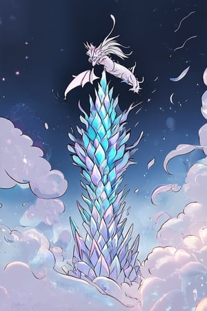 A whimsical flat art piece depicting a mystical world where fantastical creatures thrive amidst swirling clouds of shimmering silver and iridescent blues. A majestic dragon perches atop a crystal spire, its scales glinting like diamonds as it surveys the dreamlike landscape. Soft, ethereal light illuminates the scene, casting no shadows to distinguish reality from fantasy.