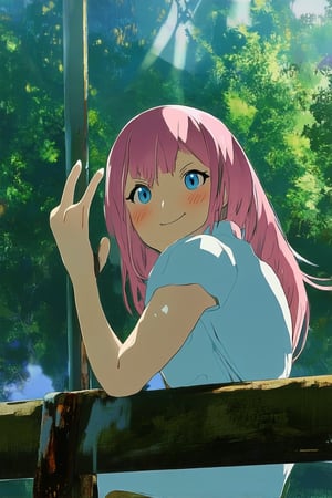 A vibrant Anime MixStyle scene: a young woman with bright pink hair and a playful smile sits on a worn wooden fence overlooking a lush green forest. Her eyes sparkle with mischief as she gazes out at the viewer, her slender fingers wrapped around the rusty metal framework. Soft sunlight casts a warm glow, with dappled shadows dancing across her face and clothes.