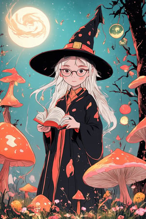 A whimsical scene unfolds in a flat art style, reminiscent of Studio Ghibli's signature aesthetic. A fantastical world materializes before us, with vibrant colors and bold lines. In the foreground, a bespectacled witch, surrounded by swirling mist and glowing orbs, holds an ancient tome. The background features a mystical forest, teeming with towering mushrooms and twinkling fireflies. Soft pastel hues illuminate the dreamlike atmosphere, as if moonlight has seeped into this mystical realm.