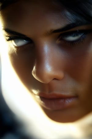 A powerful expression on a close-up face shot with a bright, direct light highlighting the contours of the subject's features. The eyes are narrowed, brows furrowed, and lips pursed, conveying a strong sense of intensity and determination. The background is blurred, focusing attention solely on the person's emotional state.