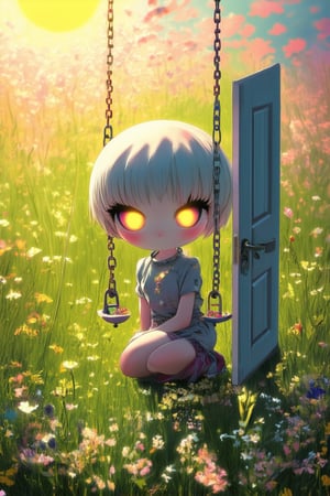 A whimsical chibi character crouches low to the ground, eyes shining bright with curiosity. Softly lit from above, their rounded features and adorable expression fill the frame. A tiny, intricately designed door on their back swings open, revealing a miniature interior with colorful trinkets and treasures. The background is a warm, sun-kissed meadow with wildflowers swaying gently.