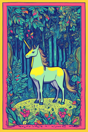 A whimsical illustration of a fantastical forest, rendered in bold flat 2D colors with crisp lines and minimal shading. A majestic unicorn stands at the center, its horn shining bright amidst a tapestry of colorful flowers, leaves, and vines. The framing is tight, with negative space surrounding the subject, emphasizing its surreal beauty.