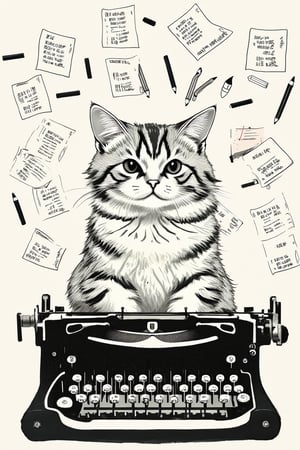 A whimsical ink illustration of a curious cat sitting on a vintage typewriter, surrounded by scattered papers and pencils, with a thoughtful expression on its face as if contemplating the next great literary masterpiece. The cat's fur is depicted in soft, feathery brushstrokes, while the typewriter and props are rendered in bold lines and textures.