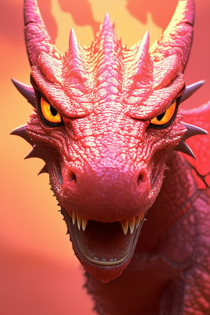 A close-up shot of a fiery pink dragon's face, its scales glistening in the warm golden light of a sunset, as it roars with fierce determination. The vibrant pink hue dominates the frame, with subtle gradations of peach and coral adding depth to the image.