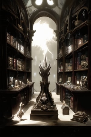 A dimly lit, ornate museum chamber with mystical artifacts on display. Shelves lined with ancient tomes, peculiar relics, and mysterious trinkets glow softly under warm lighting. A wispy mist lingers in the air, hinting at secrets yet to be uncovered. In the center, a majestic artifact stands, radiating an otherworldly aura.