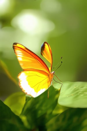 A dynamic close-up of a technicolor-hued butterfly's wings in mid-flutter, radiating vibrant yellow and orange hues against a soft focus blurred green leafy background. Soft focus lighting enhances the iridescent sheen, while the subtle camera blur emphasizes the subject's rapid wing movement.