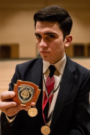 A close-up shot of Flat's face, with a solemn expression, captures his determination as he holds up the honor badge, its shiny surface reflecting the warm light of the auditorium. The background is blurred, focusing attention on his proud pose and the weight of the medal in his hand.