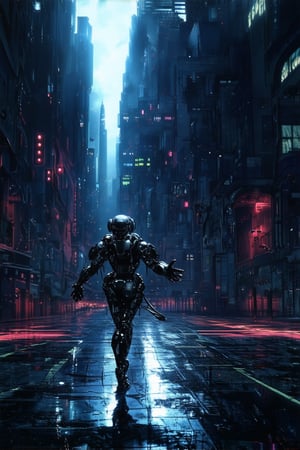 A futuristic cityscape at dusk, neon lights reflecting off wet pavement, a lone figure in the distance, dressed in a torn and tattered cybernetic exosuit, arms outstretched as if embracing the darkening metropolis. The air is thick with smog and anticipation.